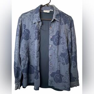 Alfred Dunner Button Shirt Womens 18 Blue Rose Metallic Collar